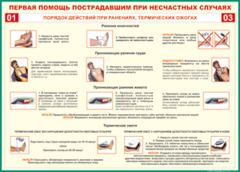Таблица "Порядок действий при ранениях и термических ожогах" (100х140 сантиметров, винил) - fgospostavki.ru - Уфа