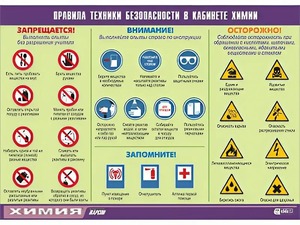 Таблица демонстрационная "Правила техники безопасности в кабинете химии" (винил 70х100) - fgospostavki.ru - Уфа